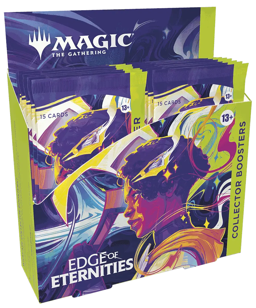 MTG Edge Of Eternities Collector Booster Display with 12 packs featuring 15 cards each, including foils, borderless, special treatments, and rare or mythic cards.