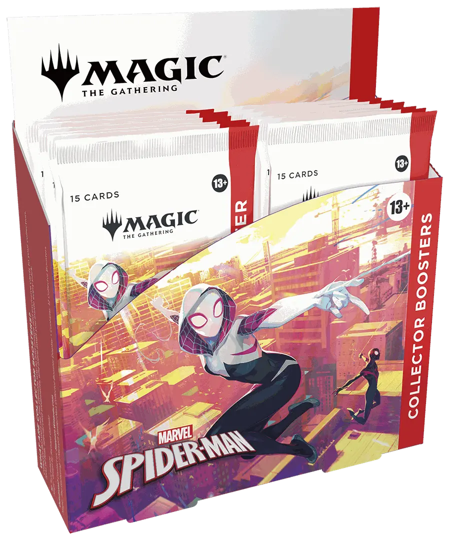 Marvel's Spider-Man Collector's Booster box with 12 packs of Magic: The Gathering cards featuring Spider-Man artwork and collector-exclusive foil cards.