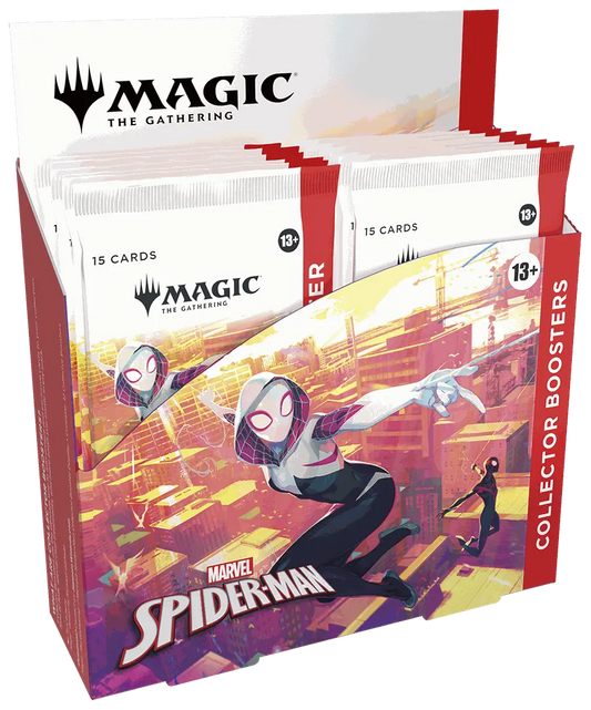 Marvel's Spider-Man Collector's Booster box with 12 packs of Magic: The Gathering cards featuring Spider-Man artwork and collector-exclusive foil cards.