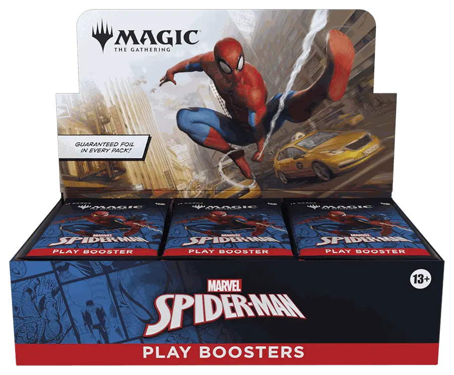 Magic: The Gathering Marvel Spider-Man Play Booster Display box with 30 booster packs featuring Spider-Man artwork and guaranteed foil cards.