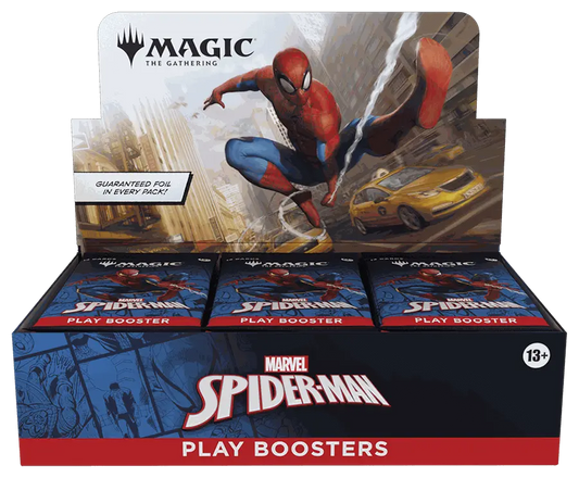 Magic: The Gathering Marvel Spider-Man Play Booster Display box with 30 booster packs featuring Spider-Man artwork and guaranteed foil cards.