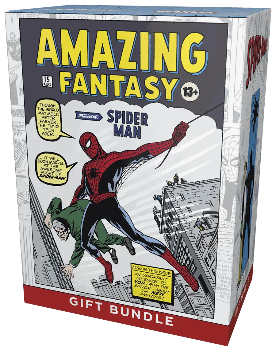 MTG Marvel's Spider-Man Amazing Fantasy comic-themed gift bundle box with boosters, collector items, and storage box