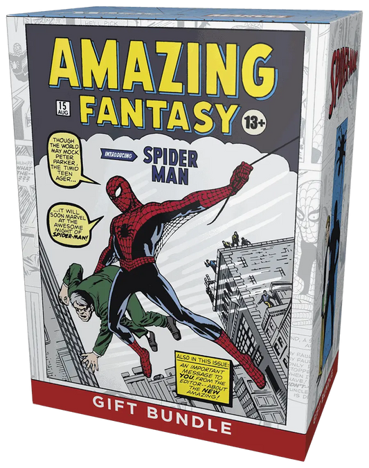 MTG Marvel's Spider-Man Amazing Fantasy comic-themed gift bundle box with boosters, collector items, and storage box