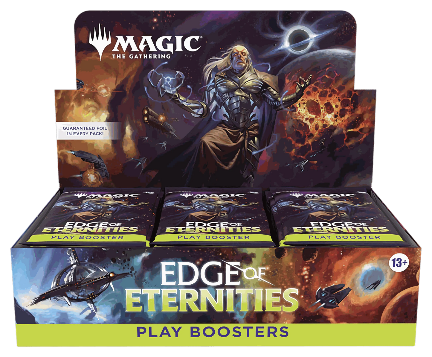 Magic: The Gathering Edge of Eternities Play Booster Display with 30 packs featuring sci-fi artwork and foil guaranteed cards.