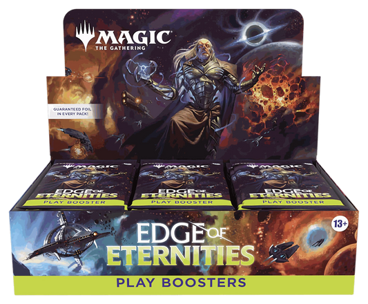 Magic: The Gathering Edge of Eternities Play Booster Display with 30 packs featuring sci-fi artwork and foil guaranteed cards.