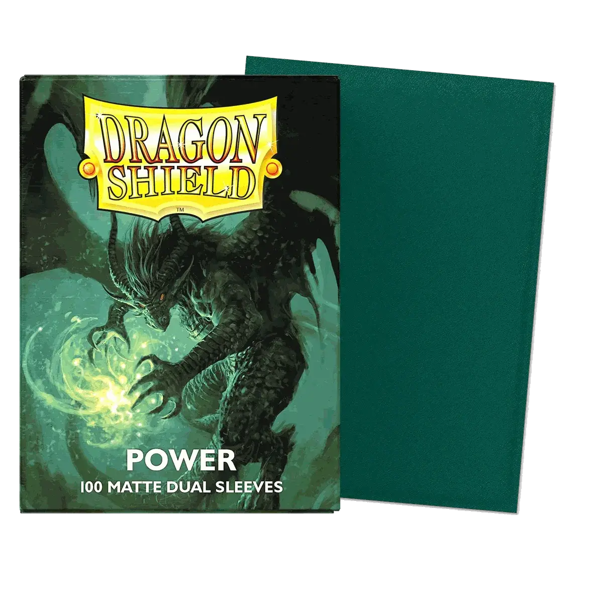 Dragon Shield Dual Matte Sleeves Power 100 pack with green dragon artwork and solid matte back for card protection.