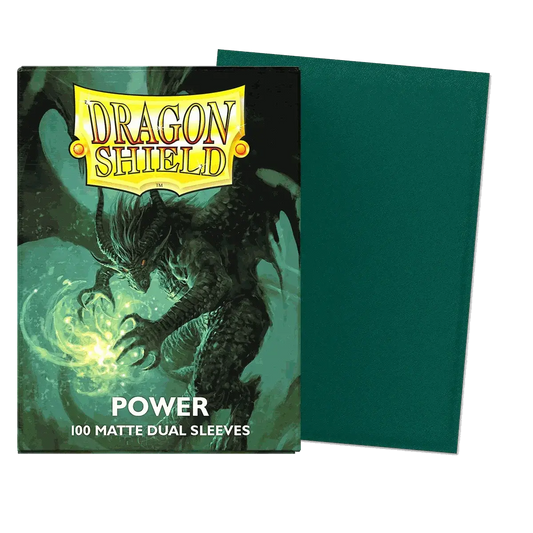 Dragon Shield Dual Matte Sleeves Power 100 pack with green dragon artwork and solid matte back for card protection.