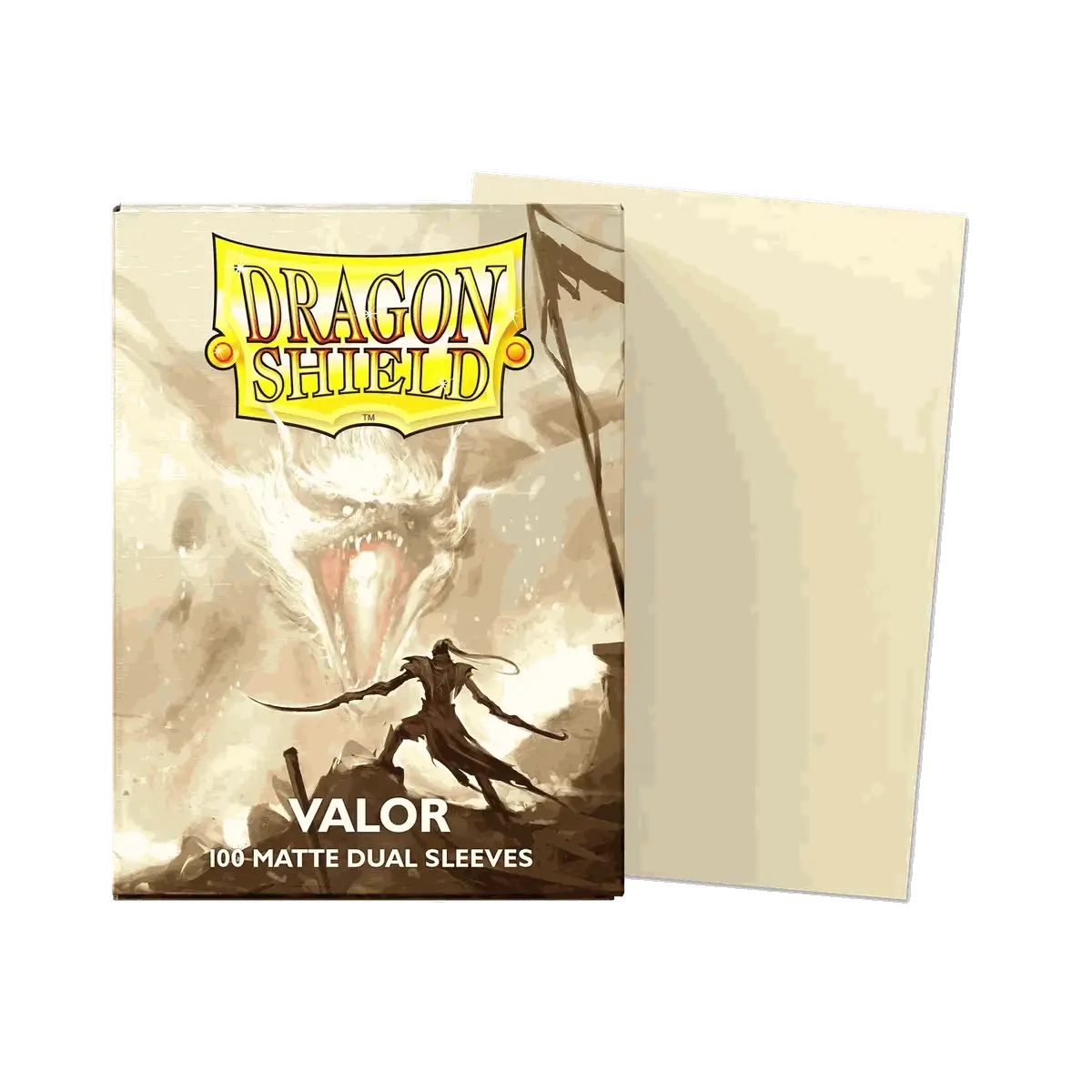 Dragon Shield Dual Matte Sleeves Valor edition 100 pack with transparent front and matte black back for card protection.