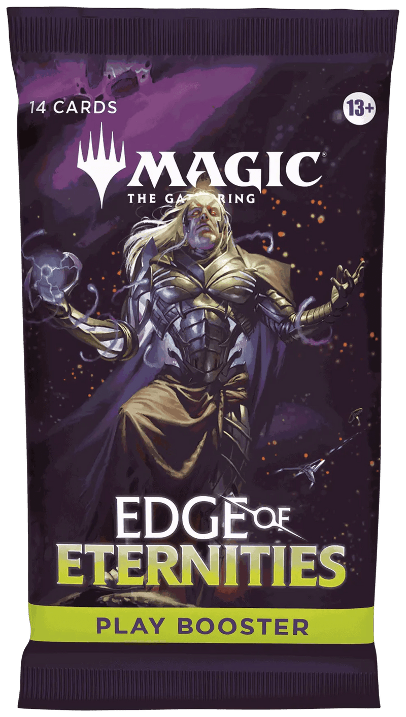 Magic The Gathering Edge of Eternities Play Booster pack featuring a mystical armored character on a purple cosmic background