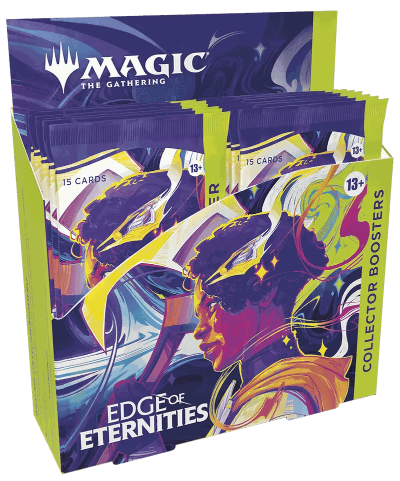 MTG Edge Of Eternities Collector Booster Display with 12 packs featuring 15 cards each, including foils, borderless, special treatments, and rare or mythic cards.