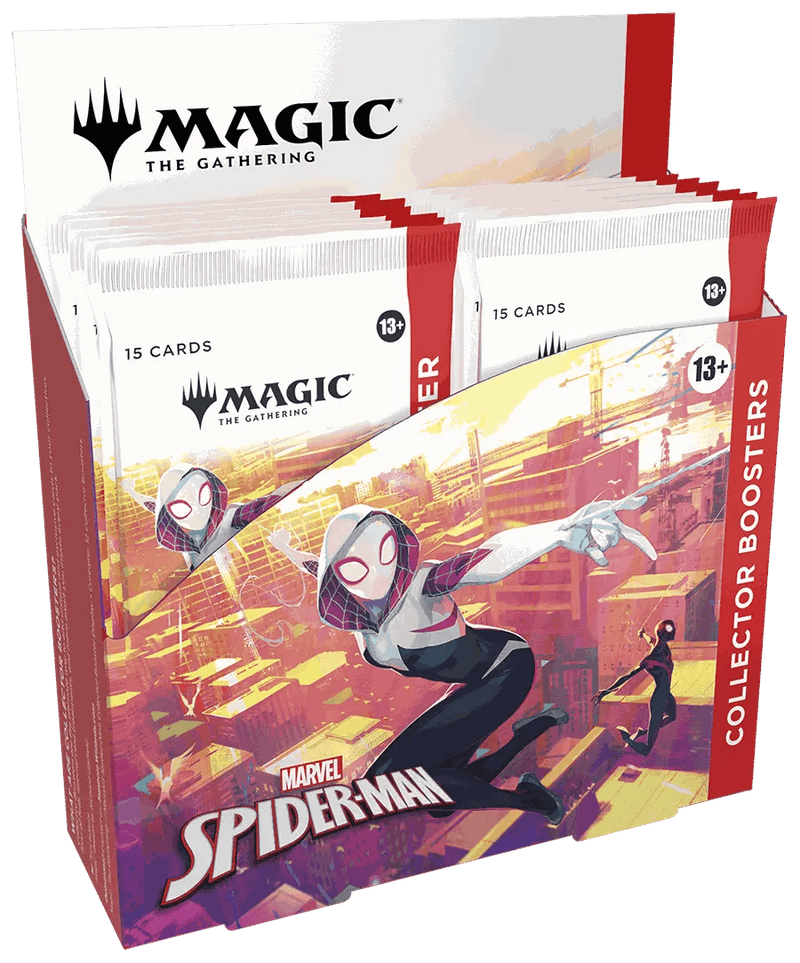 Marvel's Spider-Man Collector's Booster box with 12 packs of Magic: The Gathering cards featuring Spider-Man artwork and collector-exclusive foil cards.