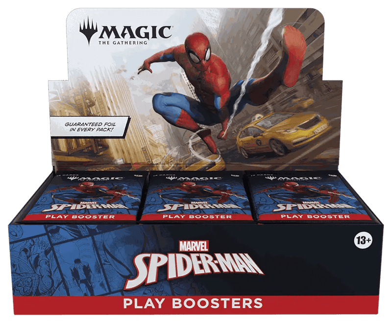 Magic: The Gathering Marvel Spider-Man Play Booster Display box with 30 booster packs featuring Spider-Man artwork and guaranteed foil cards.