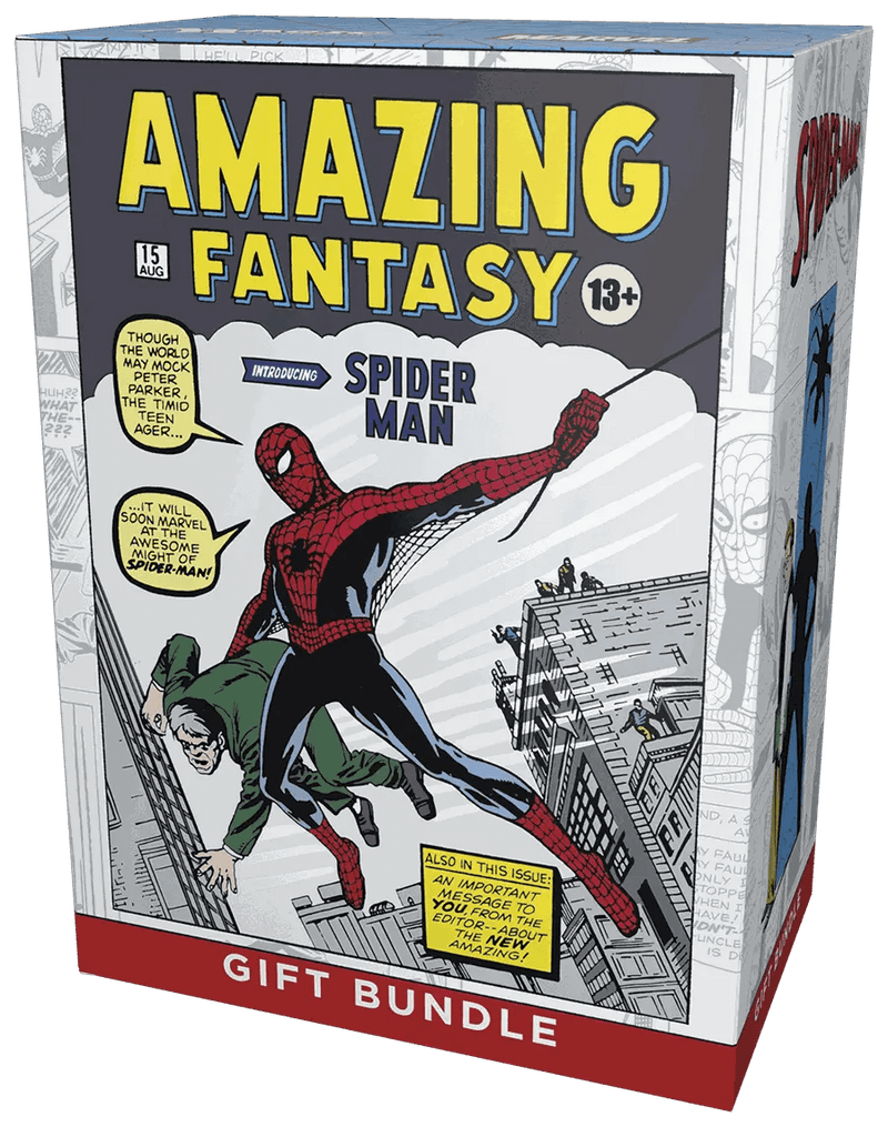 MTG Marvel's Spider-Man Amazing Fantasy comic-themed gift bundle box with boosters, collector items, and storage box
