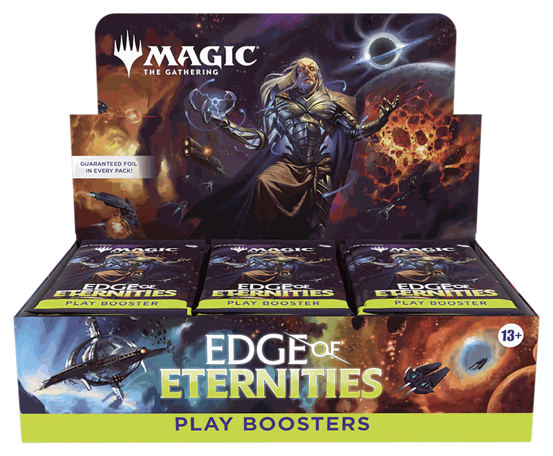 Magic: The Gathering Edge of Eternities Play Booster Display with 30 packs featuring sci-fi artwork and foil guaranteed cards.