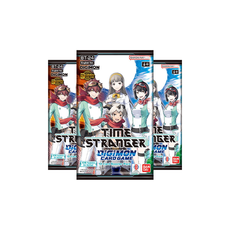 Digimon BT-24 Time Stranger booster pack English version featuring anime characters in white and green uniforms.