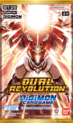 Digimon Card Game BT25 Duel Revolution English booster pack featuring red digital monster artwork.