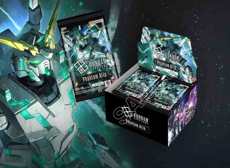 Gundam Phantom Aria booster box with trading cards and mobile suit artwork packaging.