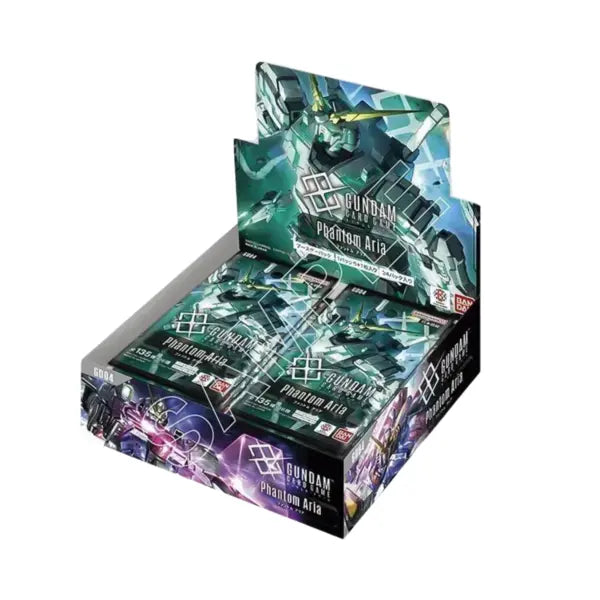 Gundam Phantom Aura booster box featuring green and purple card pack designs.
