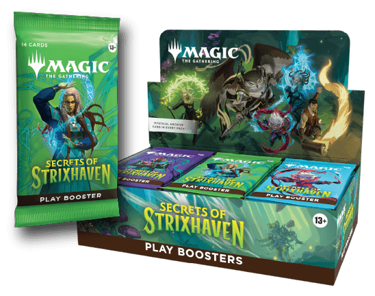 Magic: The Gathering Secrets of Strixhaven Play Booster Box display with individual booster packs.