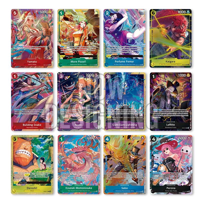 One Piece Trading Card Game collection featuring 12 rare character cards including Yamato, Kaigara, and Perona.