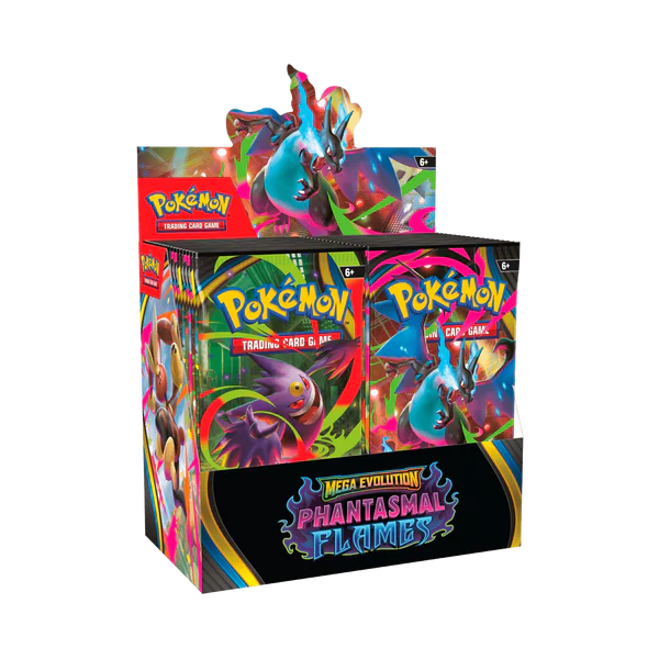Booster Box Pokémon Phantasmal Flames – caixa selada com packs da nova expansão.