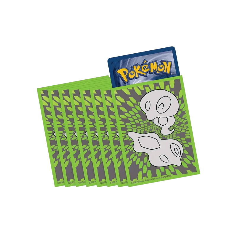 Pokemon card sleeves pack featuring Meowth design with green and gray pattern background.