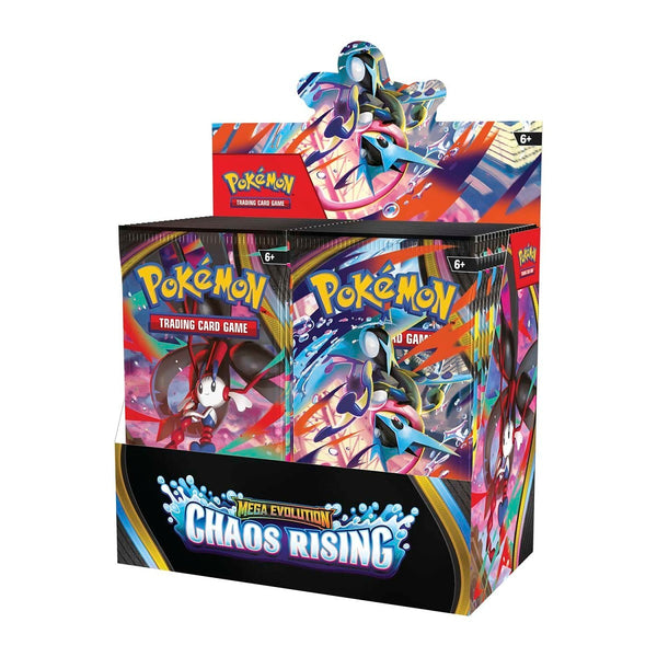 Pokémon Mega Evolution Chaos Rising booster box with colorful card artwork and display design.