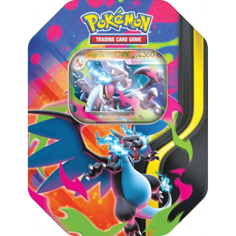 Pokémon Mega Charizard X EX tin with booster packs and promo card included.