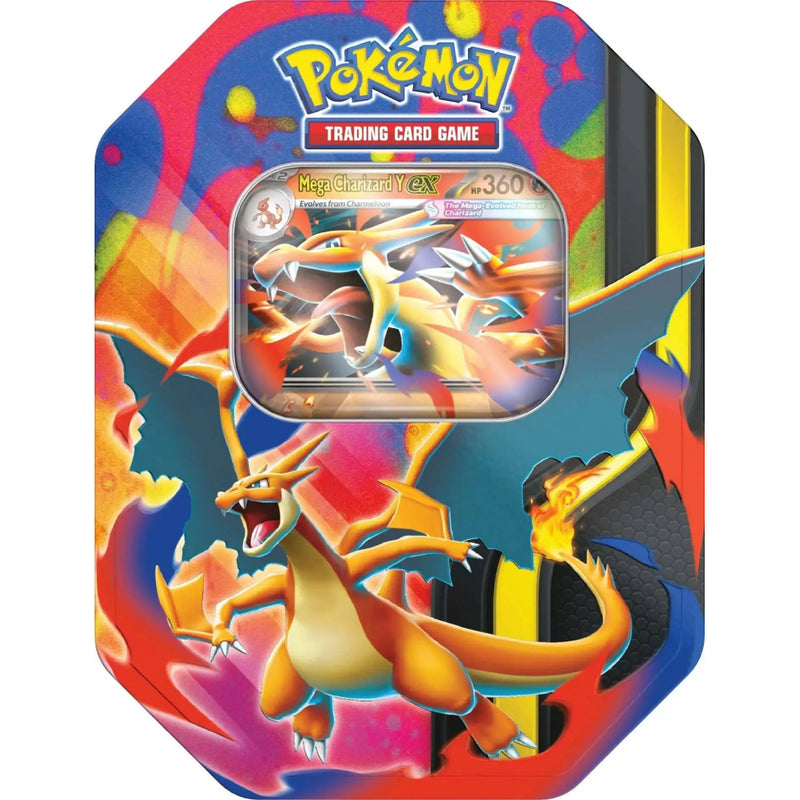 Pokémon Mega Charizard Y EX tin collectible box with HP360 card artwork featured.