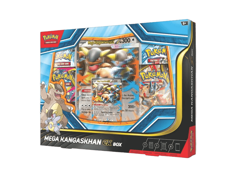 Pokemon Mega Kangaskhan EX Box featuring 300+ HP card and booster packs.