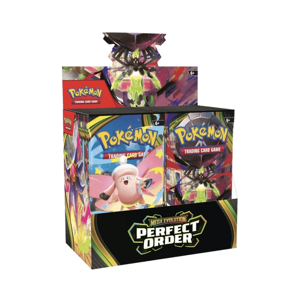Pokémon Scarlet Violet Perfect Order booster box with Pecharunt artwork and yellow accent design