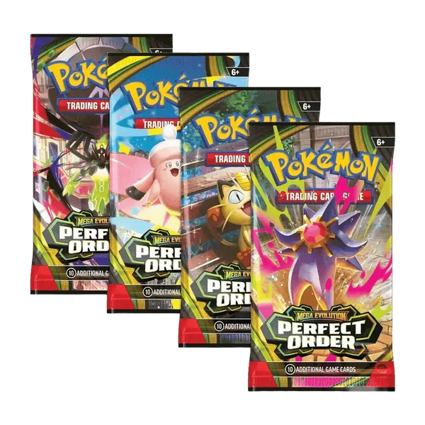 Four Pokémon Scarlet & Violet Perfect Order booster packs featuring Miraidon and Cyclizar artwork.