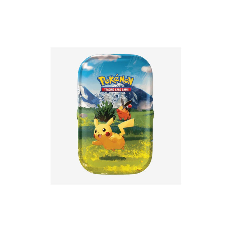 Pokémon Trading Card Game Pikachu tin with mountain landscape artwork and yellow flower field design.
